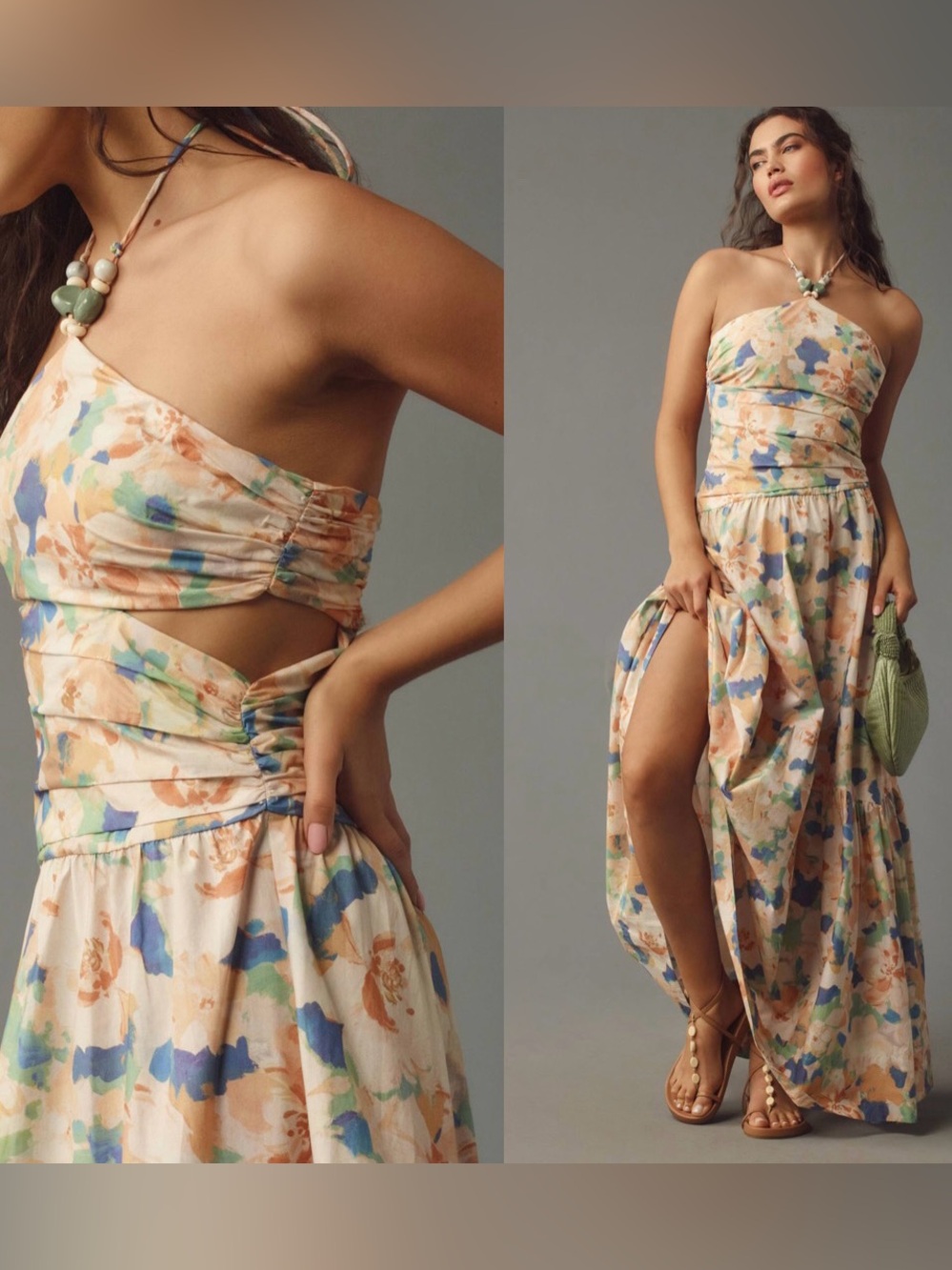 Astr Strapless Floral Maxi Dress in Cream, Blue & Peach
